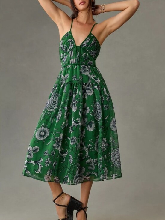 Anthropologie Dresses & Skirts - Anthropologie Green Floral Midi Dress Small Smocked Back Sweetheart Boho Cottage